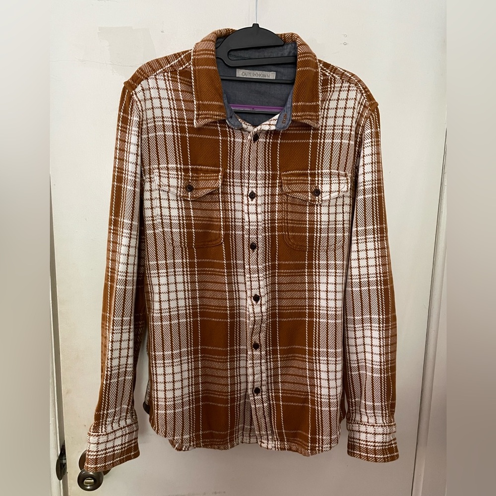 Outerknown Blanket Shirt; Tan and White Plaid Shirt